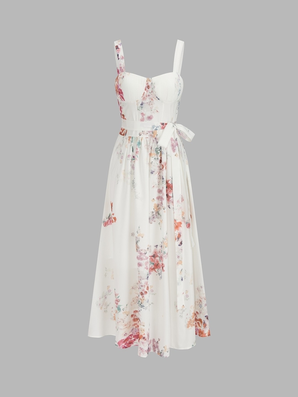 NWOT Commense White Floral Midi Dress with Pink & Peach Accents
